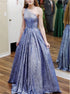 One Shoulder Sparkly Blue Sequin A Line Satin Prom Dresses LBQ2028
