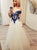 Blue Sweep Train Short Sleeves Prom Dresses