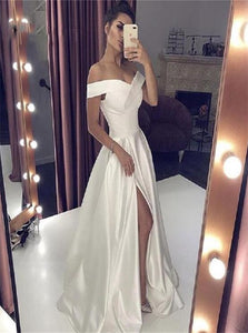 A Line Off the Shoulder White Slit Prom Dresses