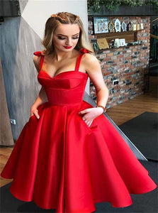 A Line Red Strap  Short Open Back Pleats Prom Dresses