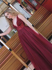 A Line V Neck Tulle Burgundy Prom Dresses with Beading