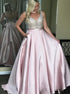 Beaded Satin Ball Gown Open Back V Neck Satin Prom Dresses with Pockets LBQ2029