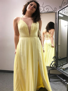 Yellow A Line Prom Dresses with Slit