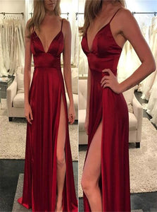 Sexy Burgundy Satin Spaghetti Straps Floor Length Prom Dresses With Slit 