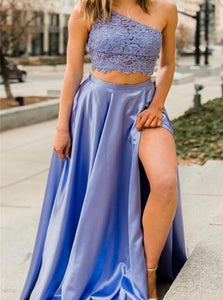 A Line Satin Lace Prom Dresses with Slit