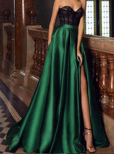 Black Lace Sweetheart Green Satin Prom Dresses With Slit