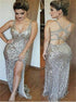 Mermaid V Neck Criss Cross Sequins Prom Dress with Slit LBQ3140