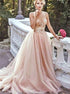 A Line Spaghetti Straps Sweetheart Pink Chiffon Pleats Appliques Prom Dress LBQ2885