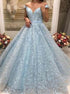 Ball Gown Light Blue Lace Off the Shoulder Prom Dresses LBQ1262