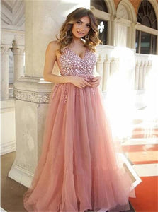 A Line V Neck Tulle Beadings Lace Up Prom Dresses