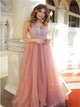 A Line V Neck Tulle Beadings Lace Up Prom Dresses