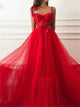 Red Tulle  A Line Strap Pleats Floor Length Prom Dresses