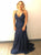 Navy Blue Halter Lace Mermaid Lace Up Prom Dress