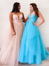 A Line Spaghetti Applique Ruffles Tulle Lace Up Prom Dresses LBQ2379