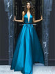 A Line Halter Sleeveless Blue Backless Satin Prom Dresses 