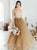 A Line Long Sleeves Tulle V Neck Appliques Champagne Prom Dresses