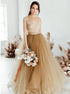 A Line Long Sleeves Tulle V Neck Appliques Champagne Prom Dress LBQ3081