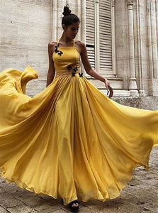 A Line Yellow Chiffon Halter Lace Up Butterfly Pleats Prom Dresses