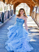 A Line Strapless Beadings Blue Prom Dresses with Ruffles