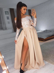 A Line Satin Lace Off Shoulder Long Sleeves Prom Dresses