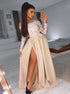 A Line Satin Lace Off Shoulder Long Sleeves Prom Dress With Slit LBQ2104