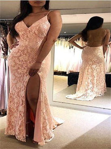 Pink Lace Prom Dresses with Slit
