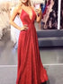 A Line V Neck Sequins Red Prom Dresses LBQ3285