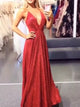 A Line V Neck Sequins Red Prom Dresses