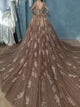Sweep Train Champagne Open Back Evening Dresses