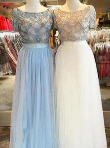 Two Piece Short Sleeves Blue Prom Dresses