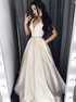 A Line Deep V Neck Beaded Satin Prom Dresses With Pockets LBQ2263
