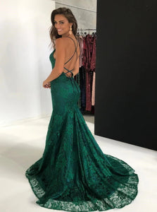 Green Lace Up Sleeveless Prom Dresses