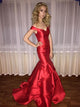 Satin Mermaid Red Prom Dresses with Ruffles