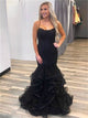 Spaghetti Straps Black Mermaid Tulle Appliques Prom Dresses with Ruffles LBQ2589