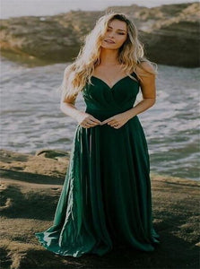 A Line Strap V Neck Green Chiffon Pleats Prom Dresses