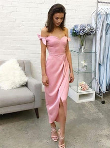 Sheath Off the Shoulder Pink Satin High Low Prom Dresses 