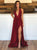 Burgundy V Neck Satin Evening Dresses with Slit