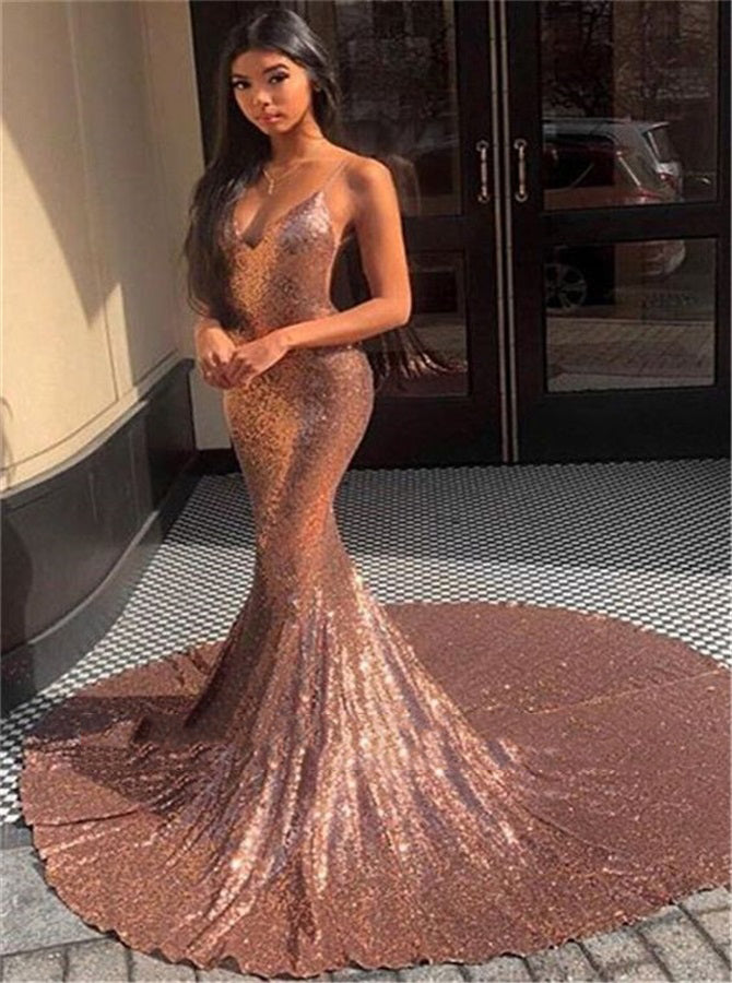 Spaghetti Straps V Neck Sequins Mermaid Prom Dresses | Alinepromdress Spaghetti Straps V Neck Sequins Mermaid Prom Dresses | Alinepromdress