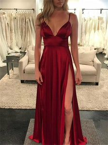 Sexy Burgundy Satin Spaghetti Straps Prom Dresses With Slit 
