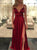 Sexy Burgundy Satin Spaghetti Straps Prom Dresses With Slit 