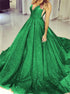 Green Sequin Ball Gown V Neck Sweep Train Prom Dresses with Pleats LBQ1818