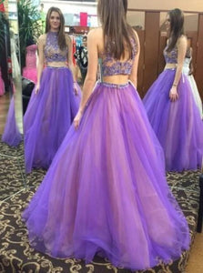 A Line Two Piece High Neck Sweep Train Tulle Prom Dresses