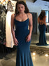 Mermaid Navy Blue Spaghetti Straps Criss Cross Satin Prom Dresses LBQ2283