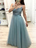 A Line V Neck Tulle Appliques Prom Dress LBQ3176