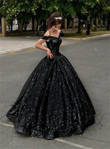 Sequin Off the Shoulder  Balll Gown Black Prom Dresses
