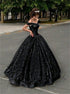 Sequin Off the Shoulder Floor Length Balll Gown Black Prom Dresses LBQ2340