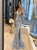 Blue Sweep Train Short Sleeves Prom Dresses