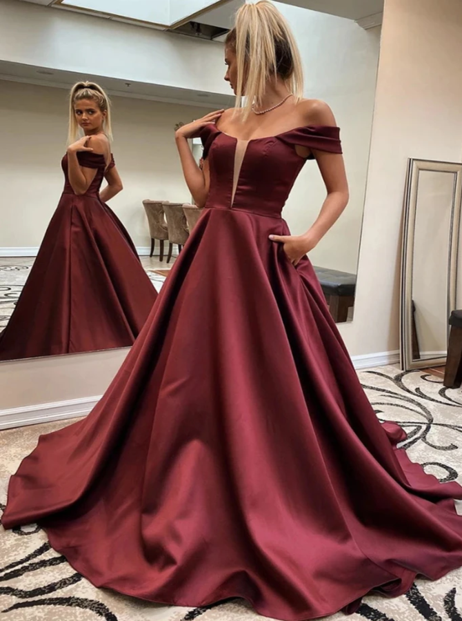 A Line Off The Shoulder Satin Prom Dresses with Pockets | Alinepromdress A Line Off The Shoulder Satin Prom Dresses with Pockets | Alinepromdress