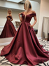 A Line Off The Shoulder Satin Burgundy Prom Dress with Pockets LBQ2301