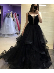 Sweep Train Black Ruffles Evening Dresses